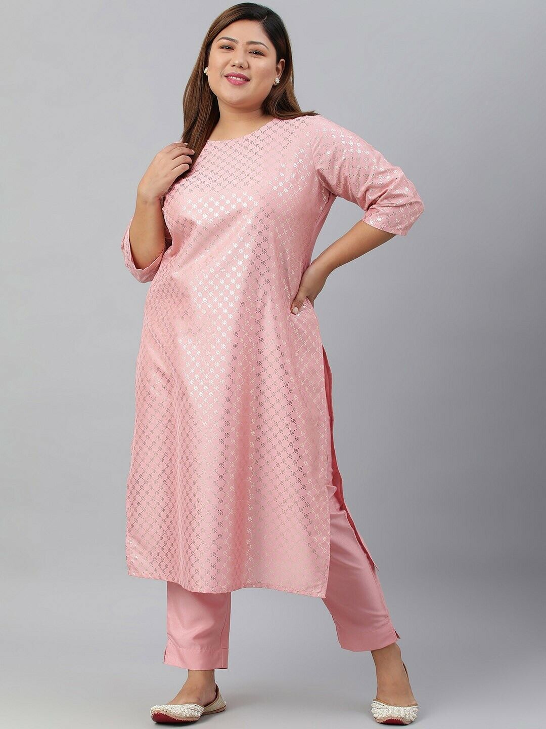 Women's Kurta Set - Plus Size Pink Poly Silk Bollywood Indian Kurta With Pant