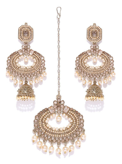 Cream-Coloured Gold-Plated Stone Studded & Beaded Handcrafted Jewellery Set