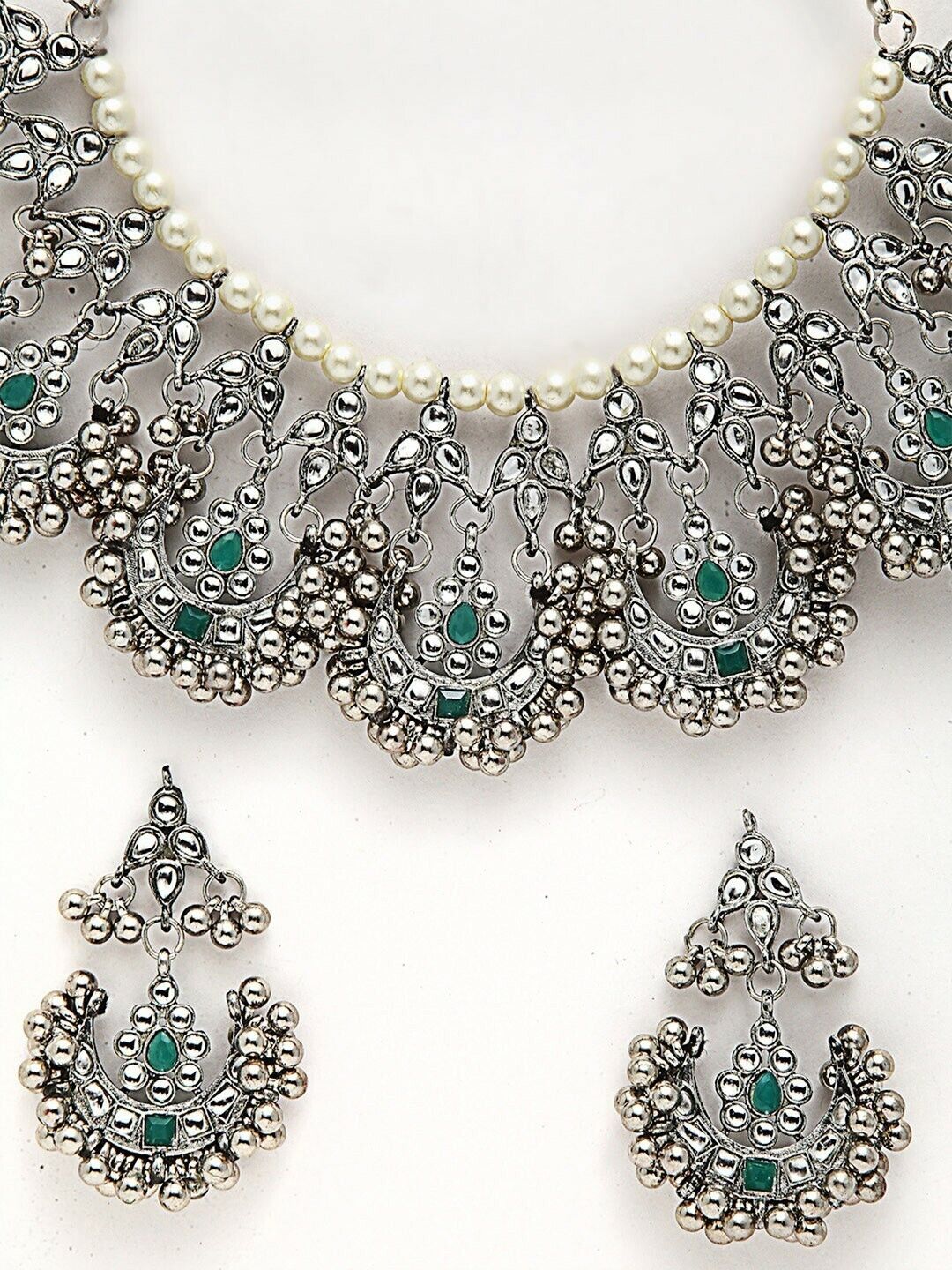 Oxidised Silver-Toned & White Kundan-Studded & Beaded Bollywood Jewellery Set