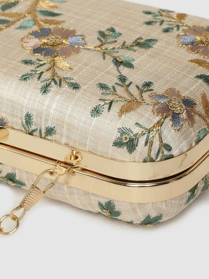 Women Clutches - Indian Wedding Beige & Green Floral Embroidered Box Clutch