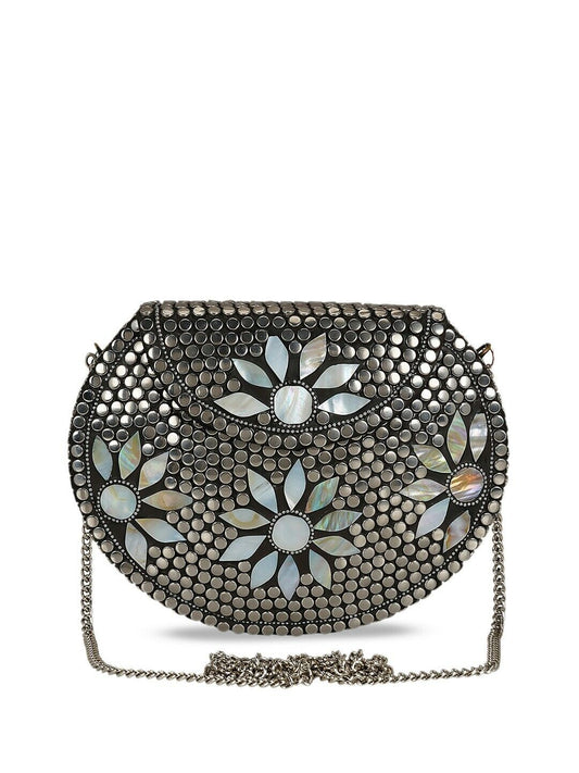 Women Clutches - Indian Wedding Silver-Toned Mosaic Embellished Metal Purse