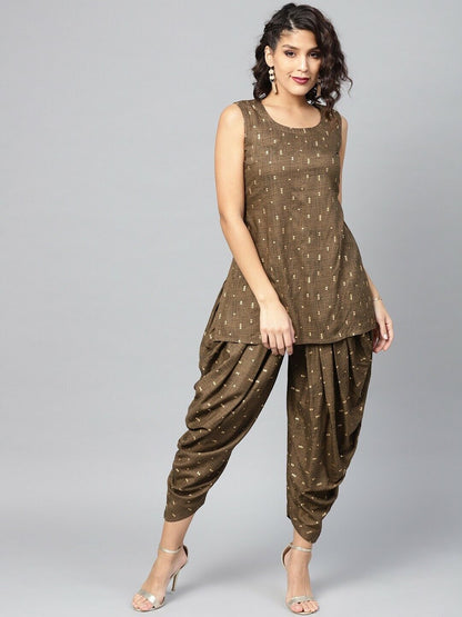 Women Kurta Set - Olive Brown & Golden Printed Kurti with Dhoti Pants & Jacket