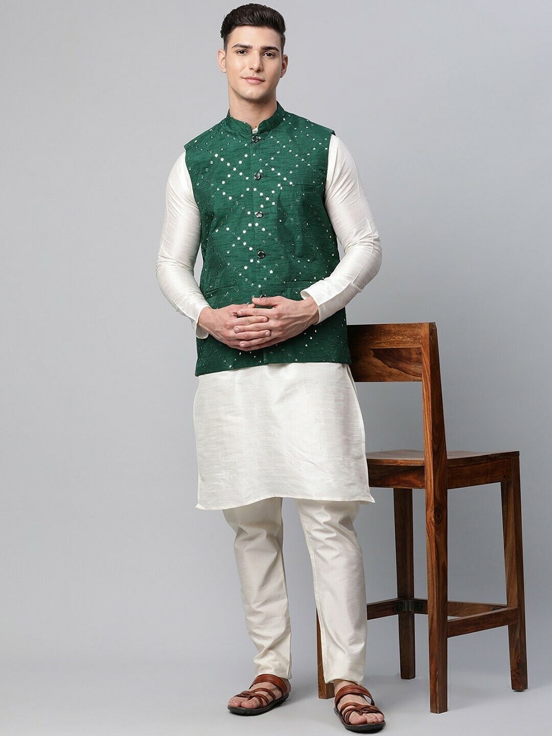 Men Jacket - Men Wedding Wear Green Mirror Work Embroidered Woven Nehru Jacket