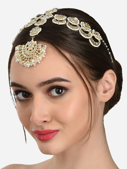 Gold-Plated Kundan & Pearls Embellished Matha Patti Head Chain