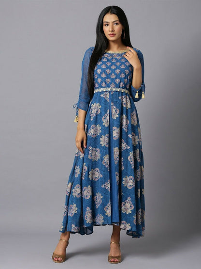 Women Dress - Blue Ethnic Motifs Maxi Bollywood Eid Diwali Bridal Wedding Dress