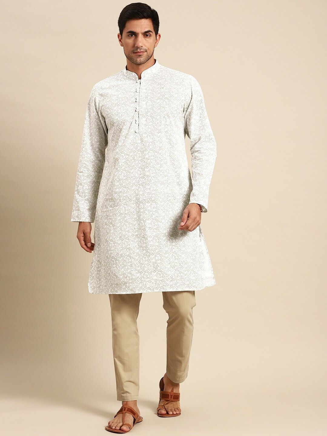 Men Kurta -Bollywood Indian White & Olive Green Ethnic Motifs Printed Kurta