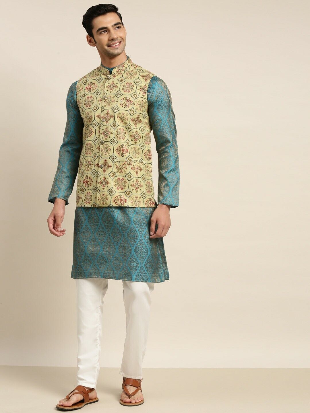 Mens Kurta Set - Men Teal Ethnic Motifs Kurta with Churidar & Nehru Jacket