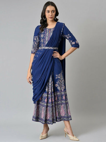 Women Dress - Bollywood India Blue & Silver-Tone Ethnic Motifs Ethnic Maxi Dress