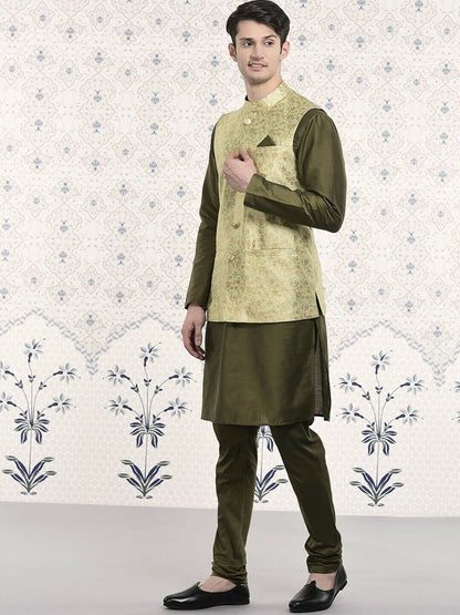 Men Kurta Set - Mandarin Collar Regular Kurta With Churidar With Nehru Jacket