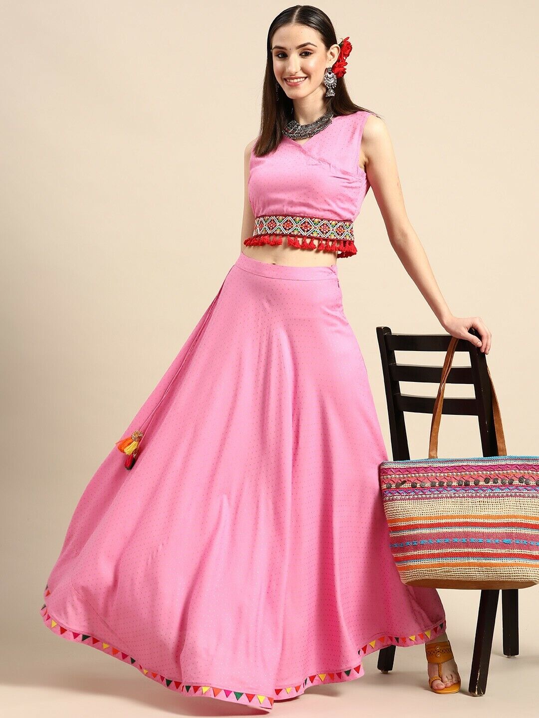 Women Lehenga - Pink Printed Thread Work Ready to Wear Wedding Lehenga Choli