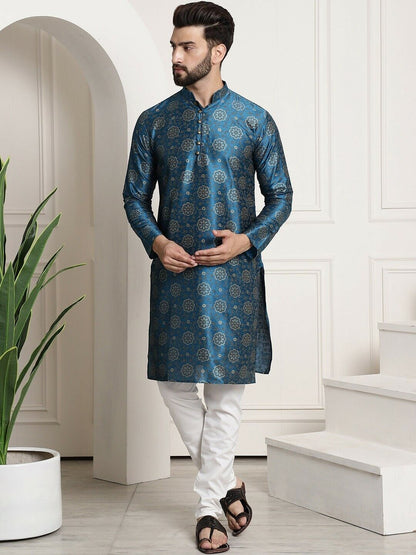 Men Kurta Set - Teal Blue & White Bridal Groomsmen Wedding Kurta with Churidar