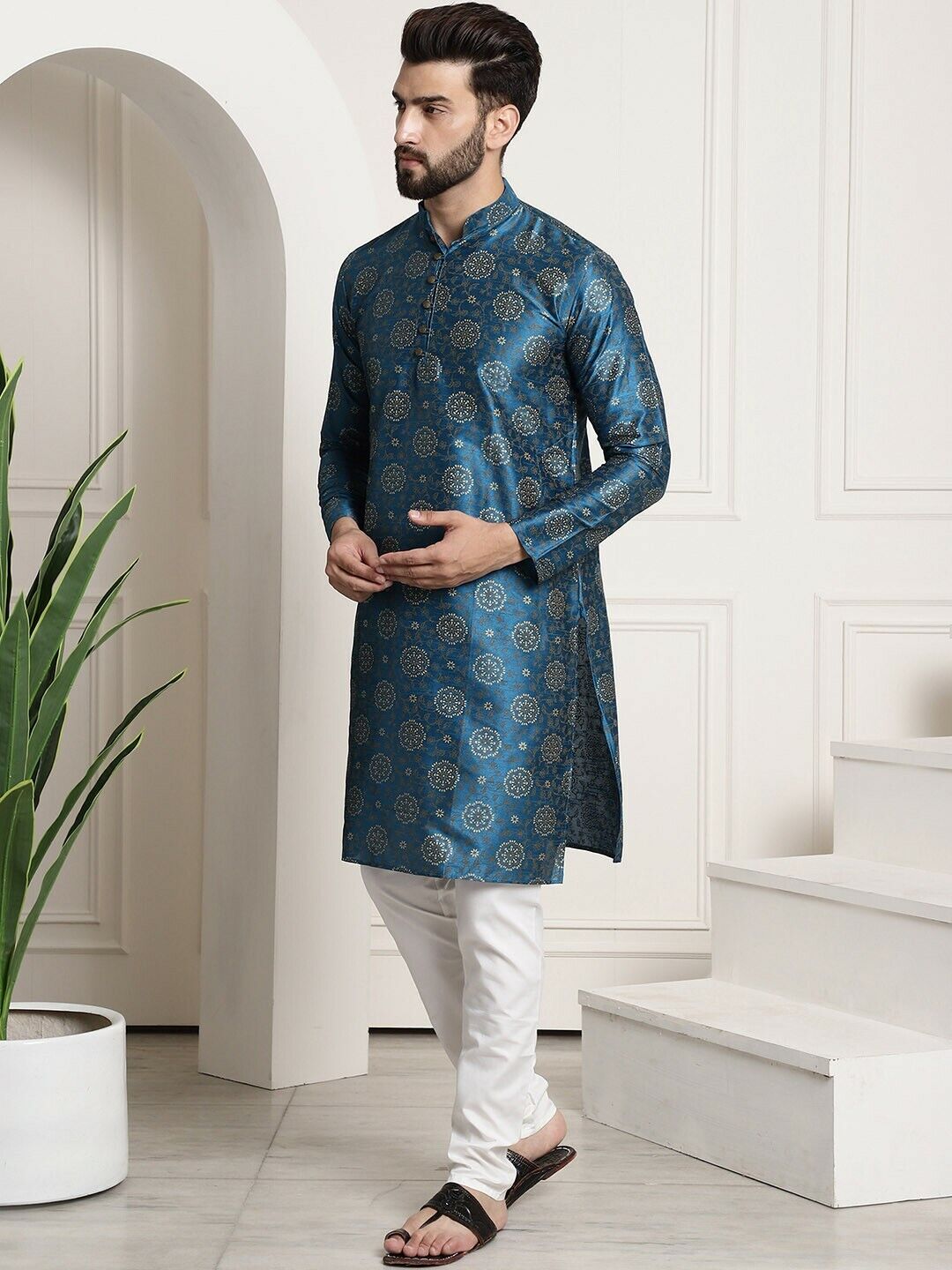 Men Kurta Set - Teal Blue & White Bridal Groomsmen Wedding Kurta with Churidar