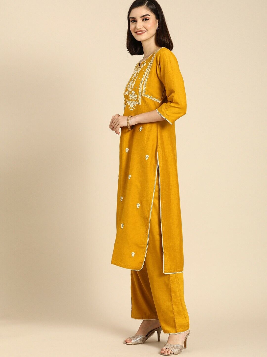 Women Kurta Set -Indian Festival Yellow Embroidered Kurta with Trouser & Dupatta