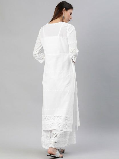 Women Kurta Set - White Embroidered Eid Diwali Bollywood Kurta with Palazzos