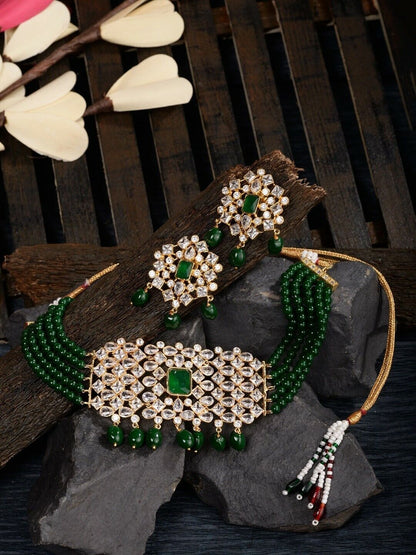 Gold-Plated White & Green American Diamond Studded Choker Indian Jewellery Set