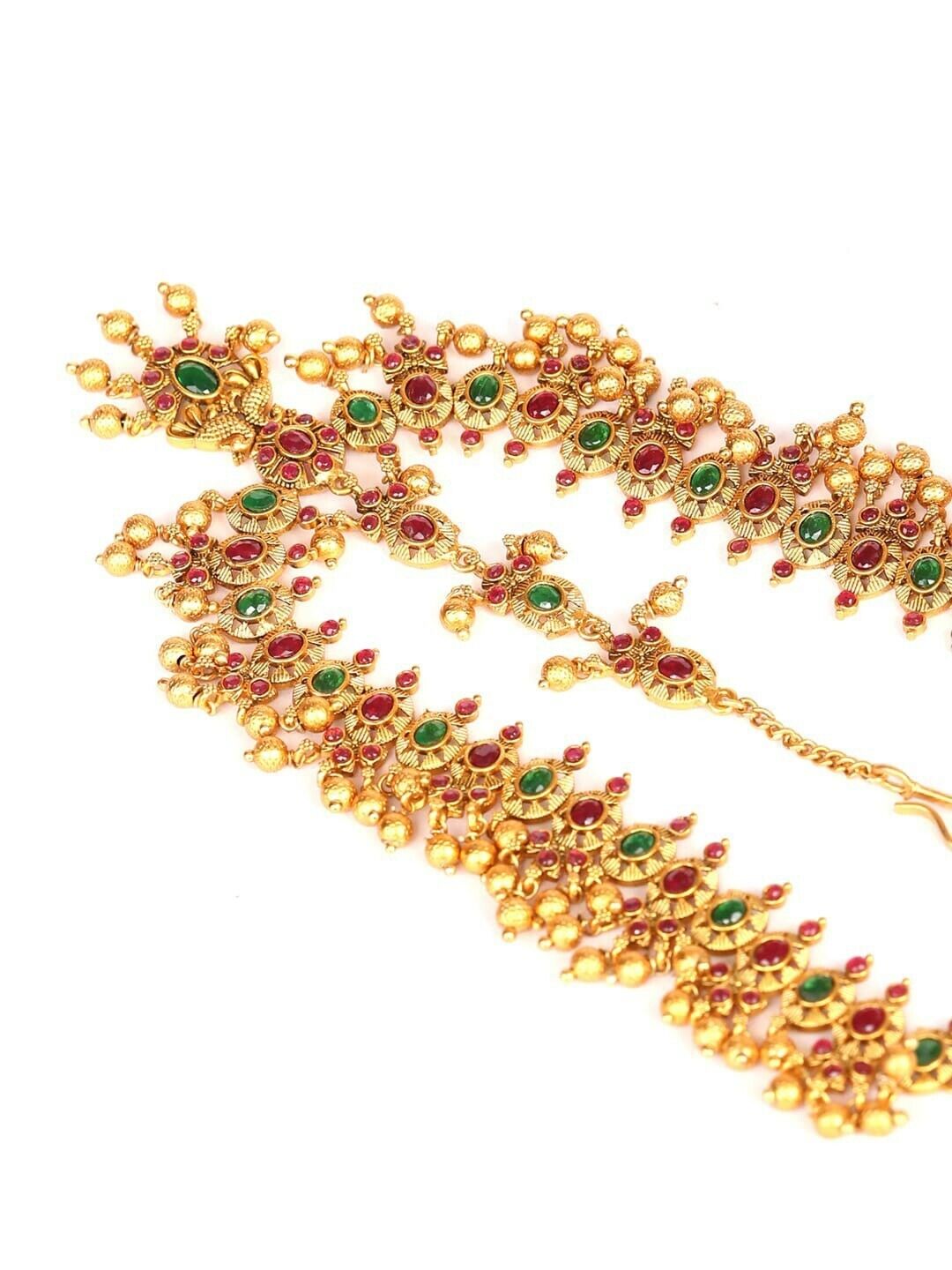 Pink & Green Gold-Plated Stone-Studded & Beaded Handcrafted Maatha Patti