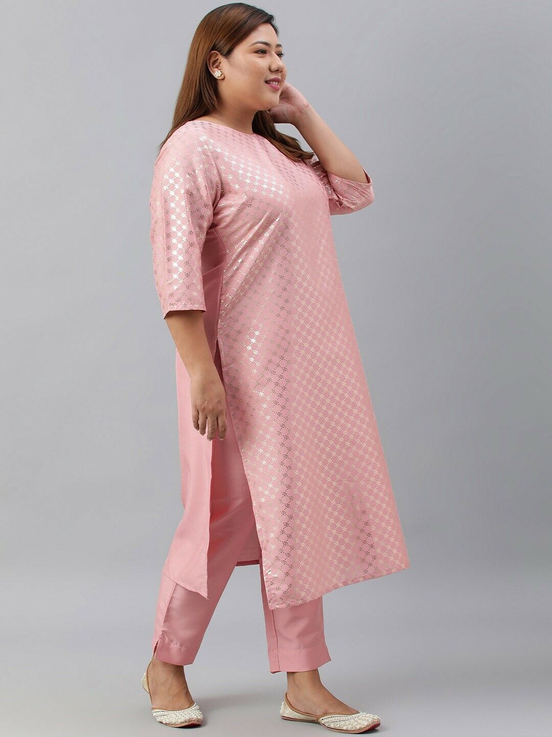 Women's Kurta Set - Plus Size Pink Poly Silk Bollywood Indian Kurta With Pant