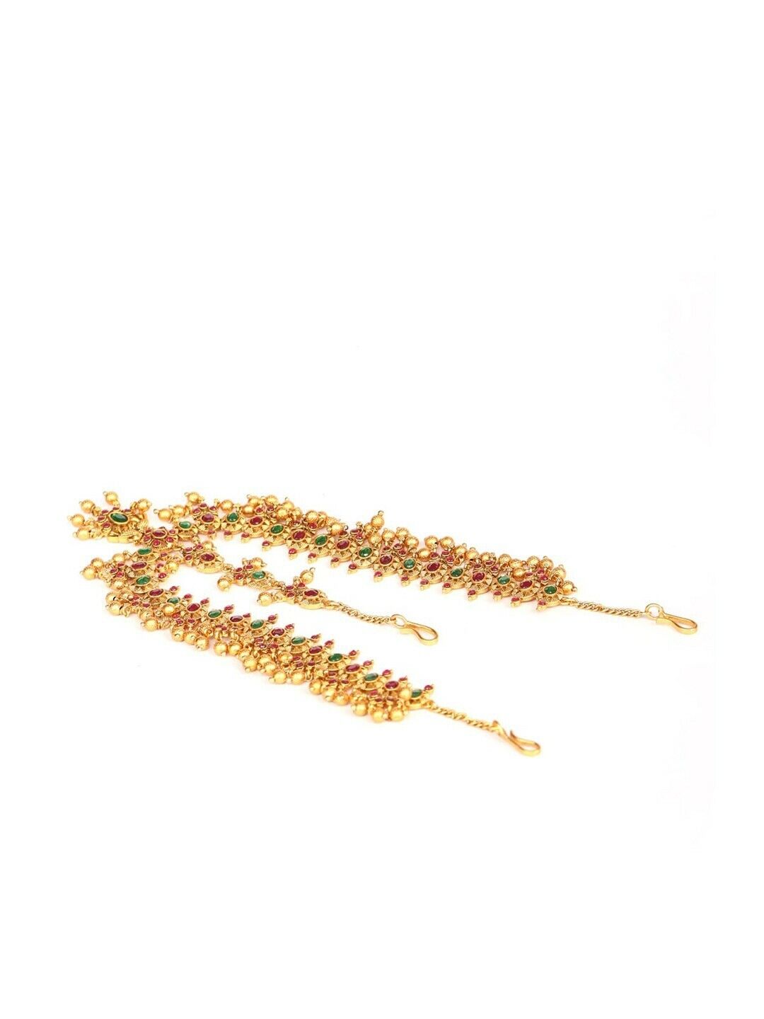 Pink & Green Gold-Plated Stone-Studded & Beaded Handcrafted Maatha Patti