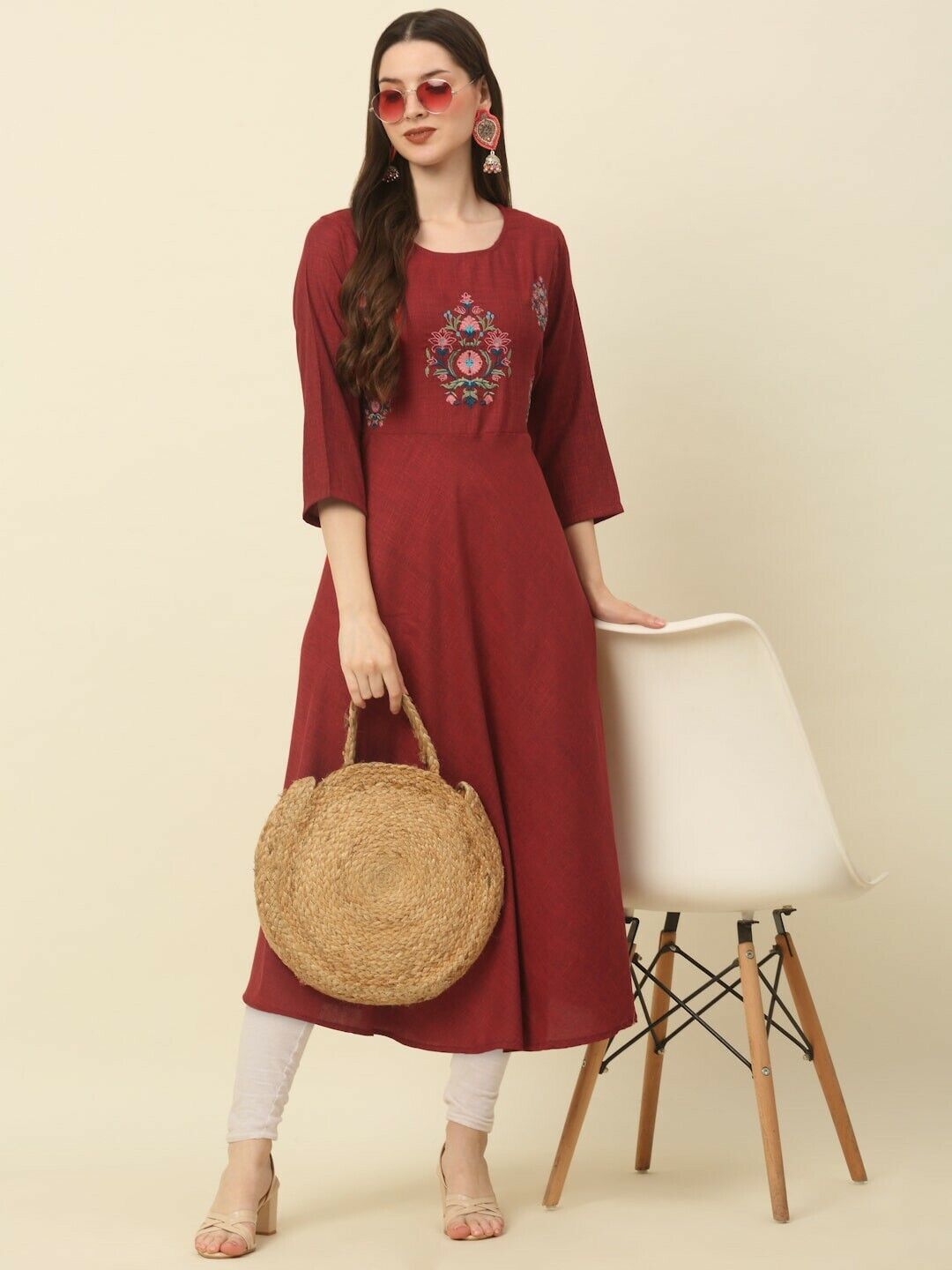 Women Kurta - Bollywood Indian Pakistani Festive Maroon Thread Work A-Line Kurta