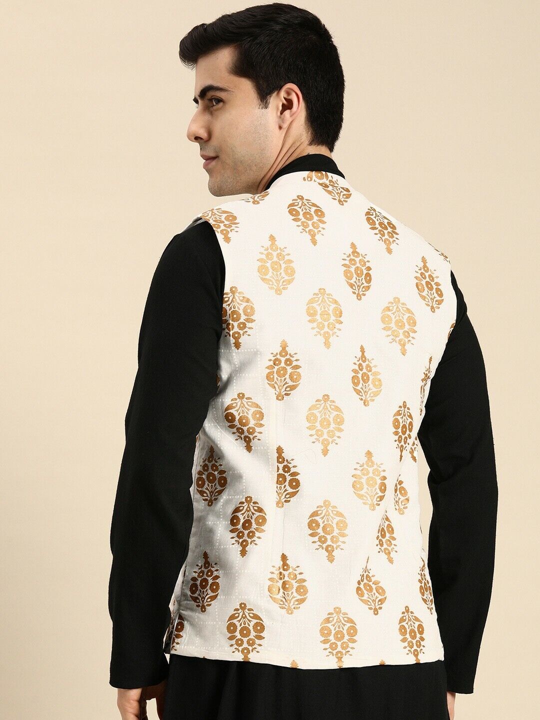 Men Jacket - White Floral Print Ethnic Pure Cotton Diwali Indian Nehru Jacket