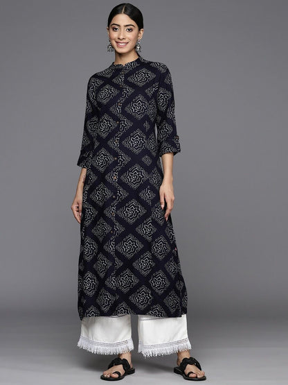 Women Kurta - Bollywood Indian Pakistani Festive Bandhani Printed Indigo Kurta