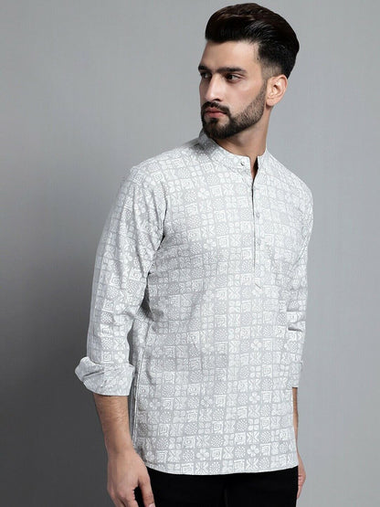 Men Kurta - Indian Bollywood Pakistani Festive Grey Ethnic Cotton Short Kurta