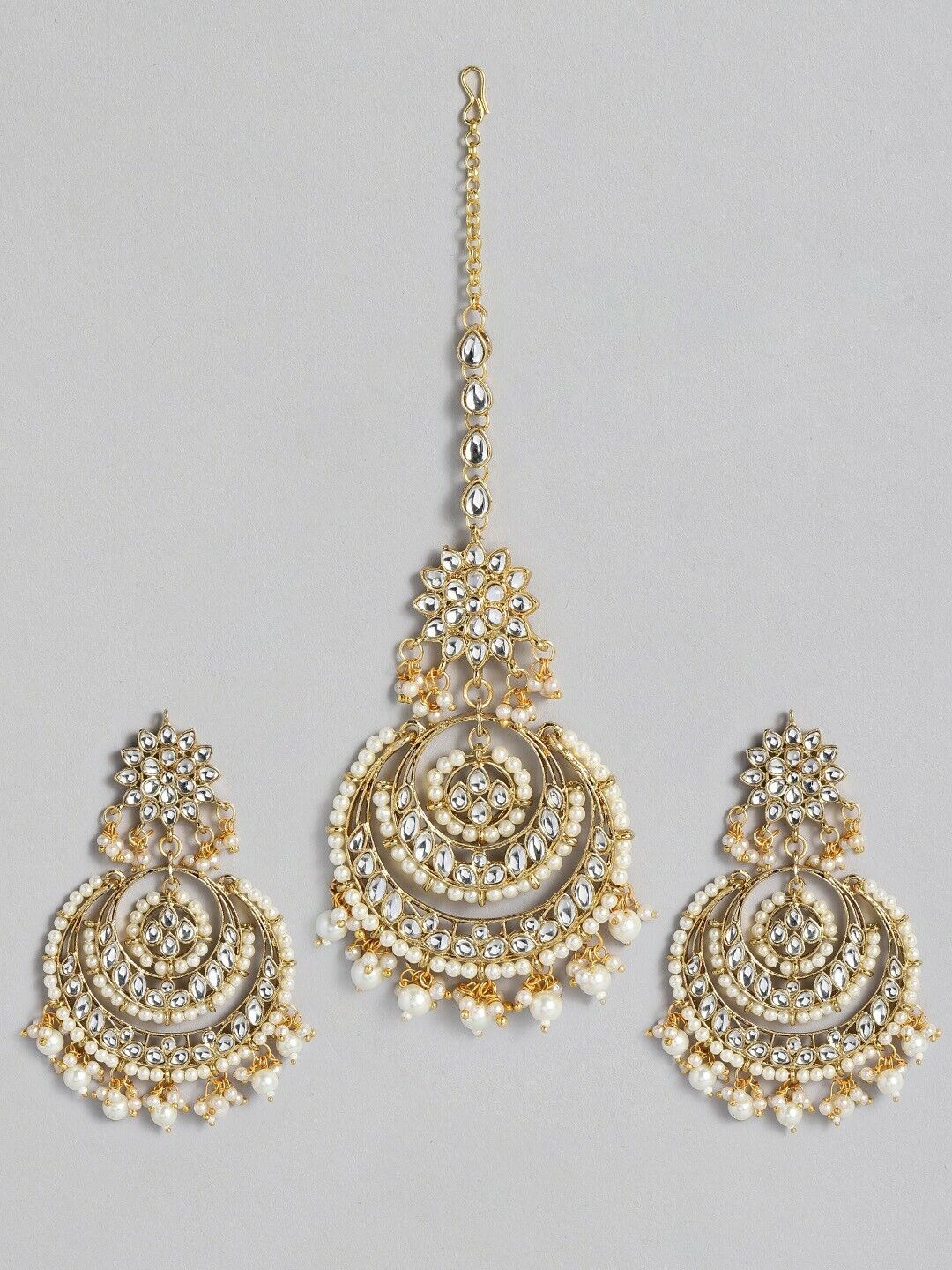 18K Gold-Plated & White Pearl Jewelry Bollywood Indian Maang Tikka Earring Set