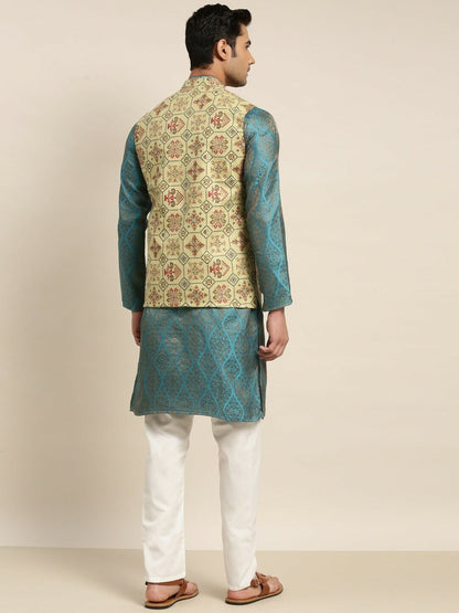 Mens Kurta Set - Men Teal Ethnic Motifs Kurta with Churidar & Nehru Jacket