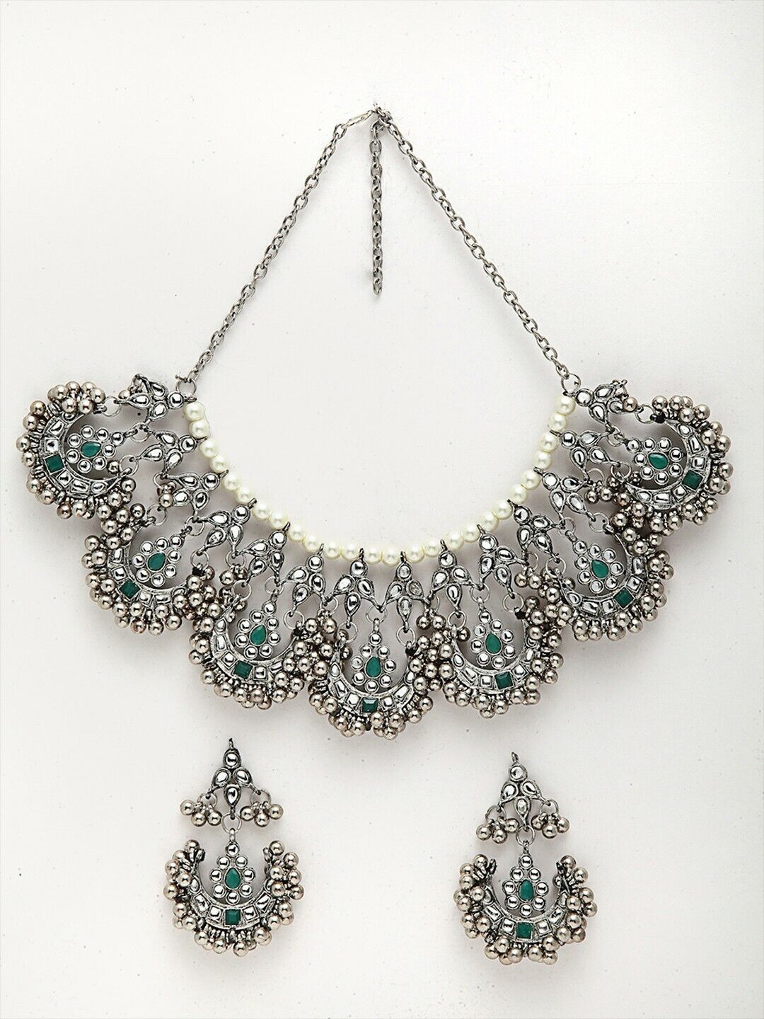 Oxidised Silver-Toned & White Kundan-Studded & Beaded Bollywood Jewellery Set