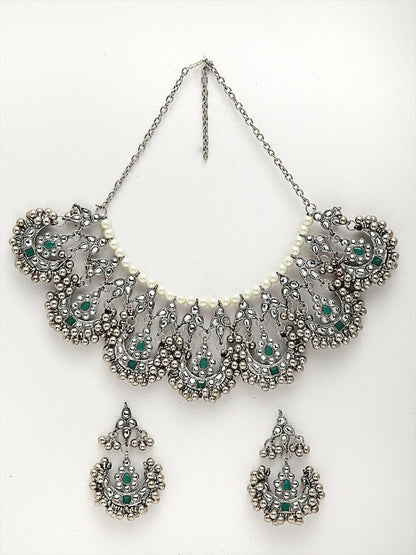 Oxidised Silver-Toned & White Kundan-Studded & Beaded Bollywood Jewellery Set