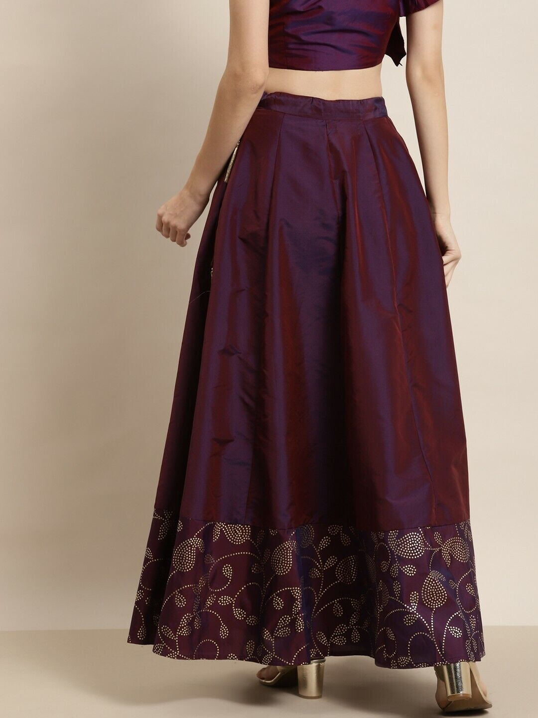 Women Skirt -Burgundy & Gold Paisely Foil Border Bollywood Bridal Anarkali Skirt