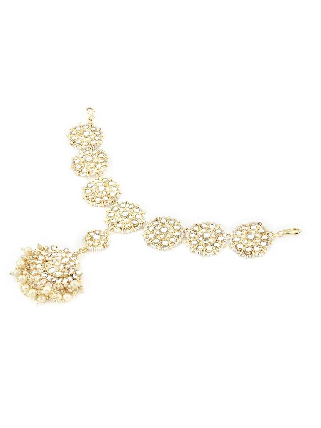 Gold-Plated White Kundan-Studded & Pearl Bollywood Indian Jewelry Mathapatti