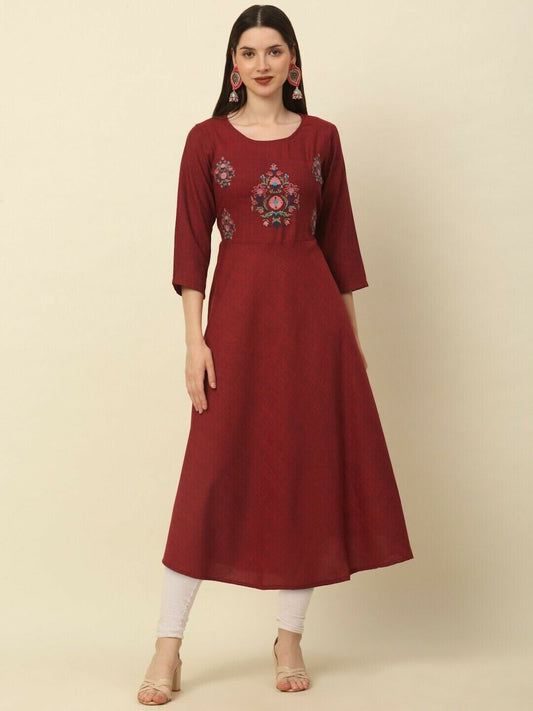 Women Kurta - Bollywood Indian Pakistani Festive Maroon Thread Work A-Line Kurta