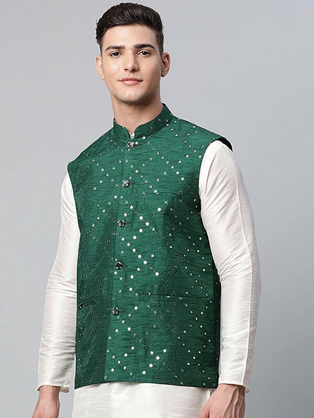 Men Jacket - Men Wedding Wear Green Mirror Work Embroidered Woven Nehru Jacket