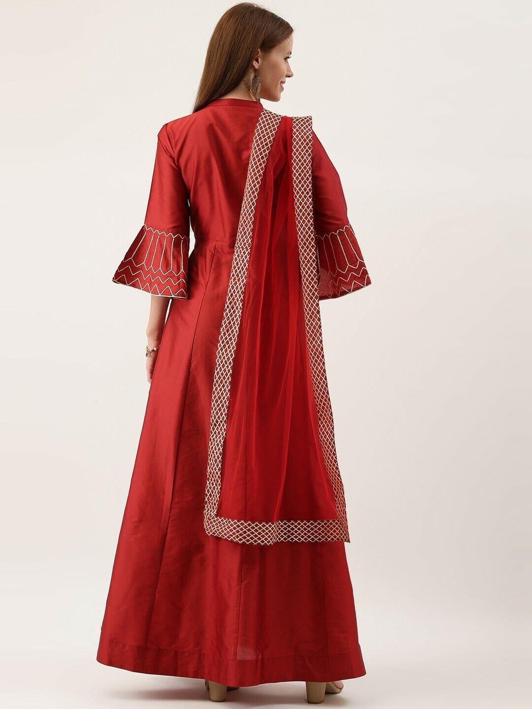 Women Dress - Red Embroidered Gotta Bollywood Eid Diwali Bridal Wedding Dress