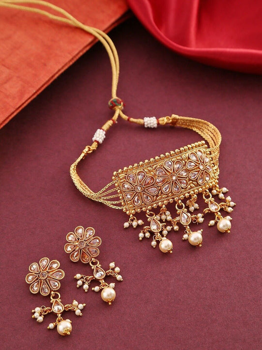 Indian Bridal Gold-Plated Stone-Studded Beaded Handcrafted Bolly Jewellery Set