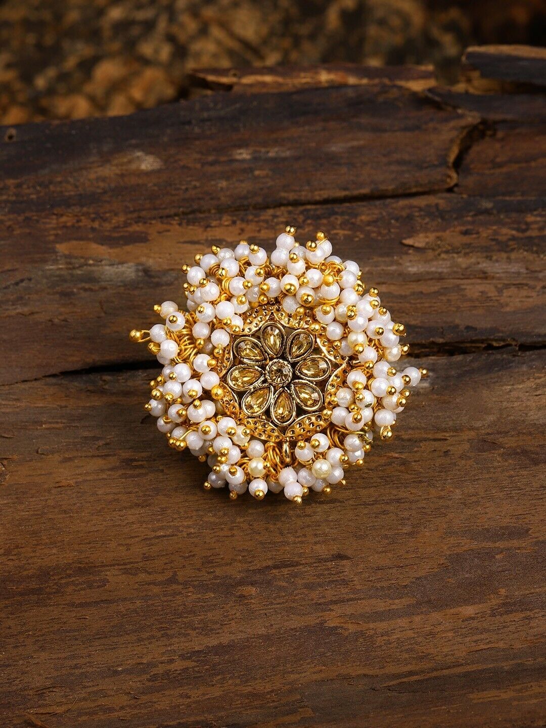 Gold Tone Embellished With Pearls Adjustable Finger Ring