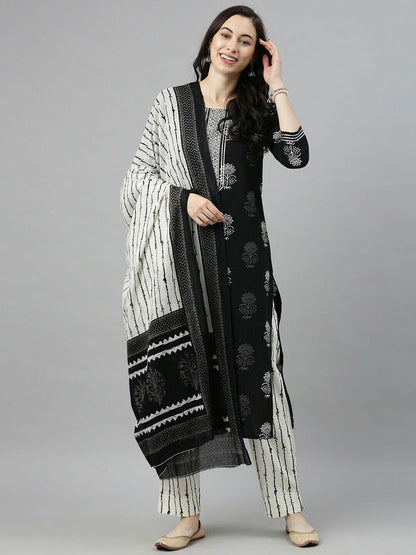 Women Kurta Set - Indian Diwali Black & White Printed Kurta Trousers & Dupatta