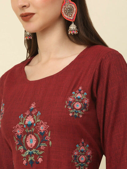 Women Kurta - Bollywood Indian Pakistani Festive Maroon Thread Work A-Line Kurta