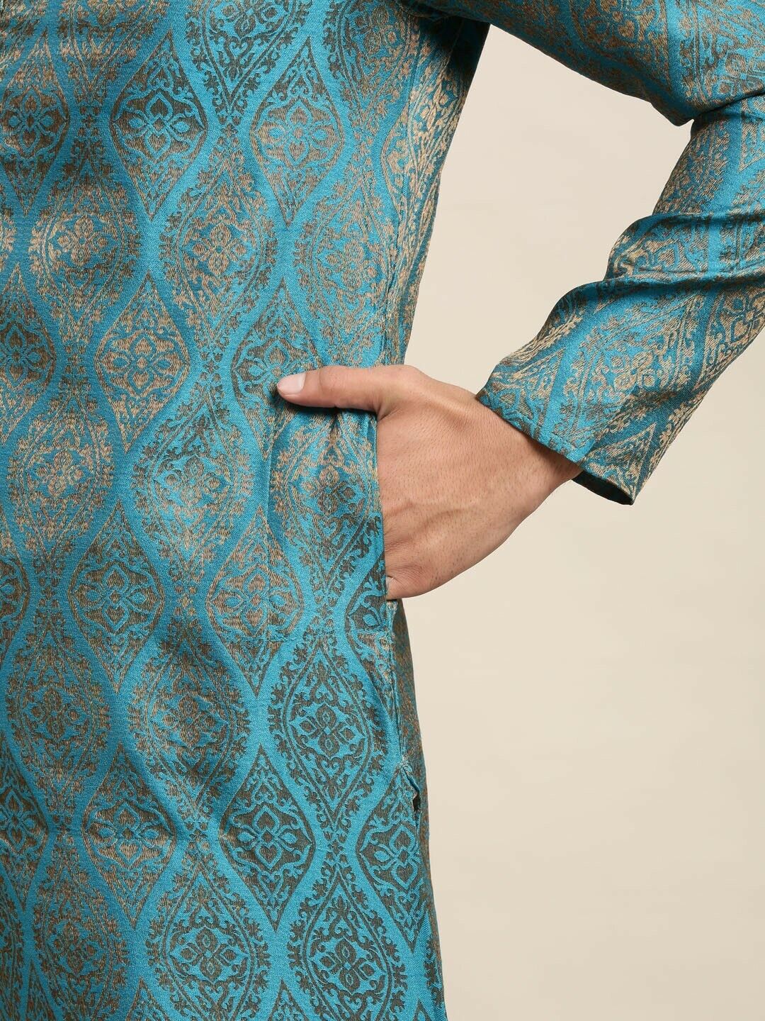 Mens Kurta Set - Men Teal Ethnic Motifs Kurta with Churidar & Nehru Jacket