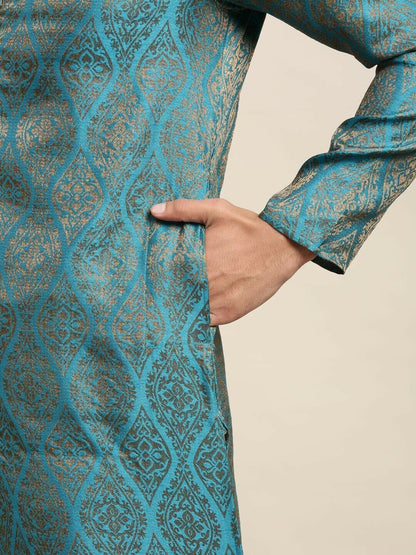 Mens Kurta Set - Men Teal Ethnic Motifs Kurta with Churidar & Nehru Jacket