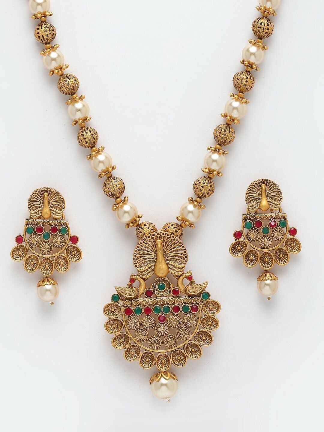 Gold-Plated Stone Studded Peacock-Shaped Bollywood Indian Style Jewellery Set