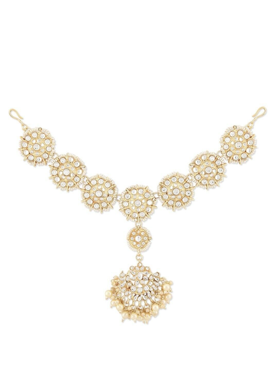 Gold-Plated White Kundan-Studded & Pearl Bollywood Indian Jewelry Mathapatti