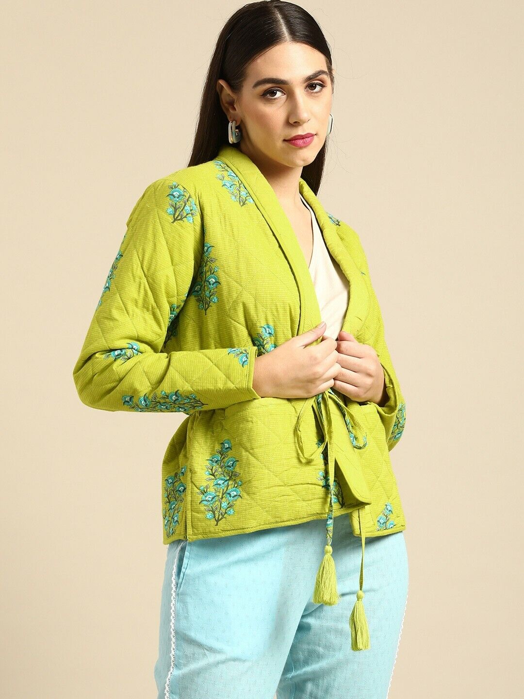 Women Jacket - Green & Blue Floral Printed Bollywood Indian Quilted Jacket