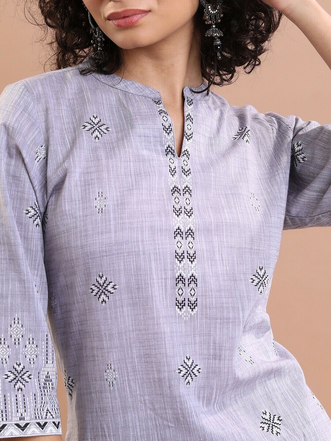 Women Kurta - Bollywood Grey Ethnic Motif Printed Pure Cotton Straight Kurta