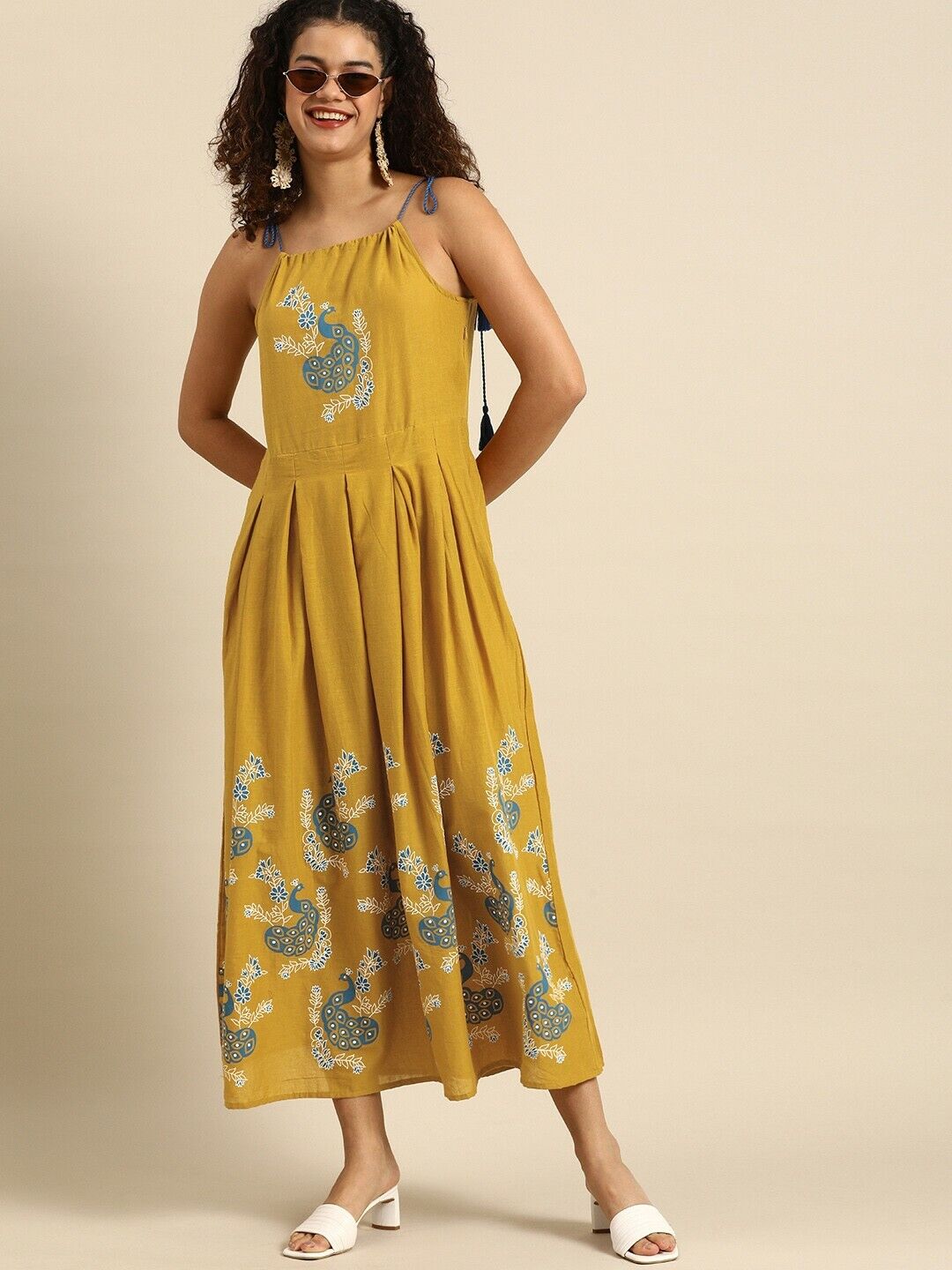 Women Dress -Mustard Yellow & Blue Ethnic Motifs Printed Pure Cotton Midi Dress