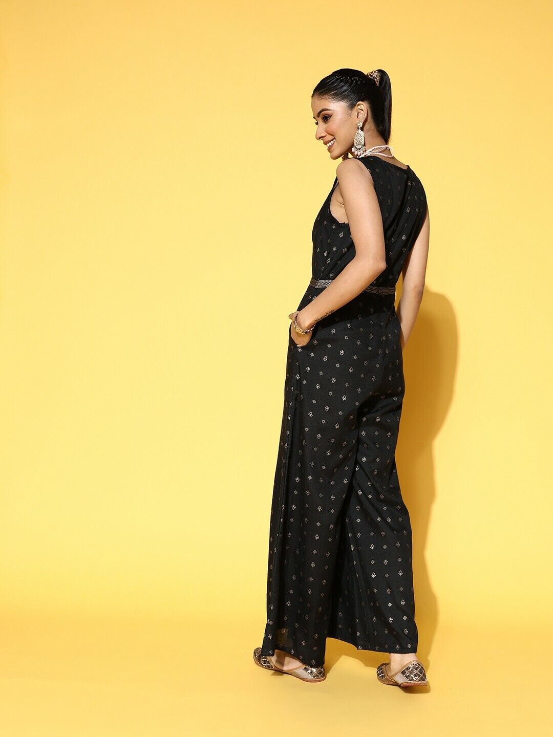 Women Jumpsuit - Black & Golden Ethnic Motifs Printed Flared Ethnic Jumpsuit