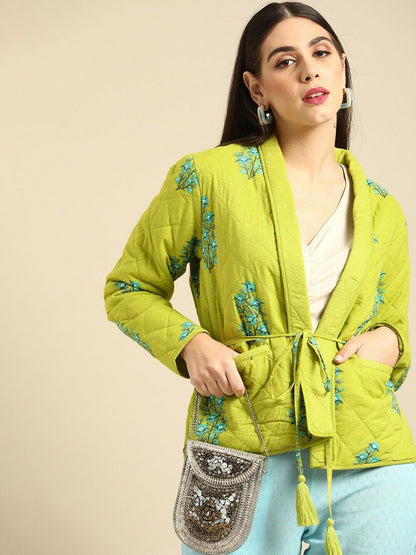 Women Jacket - Green & Blue Floral Printed Bollywood Indian Quilted Jacket