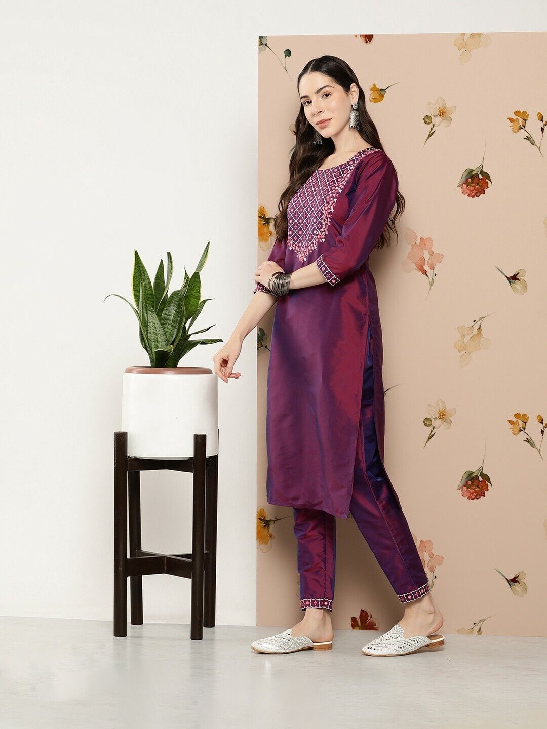 Women Kurta Set - Indian Diwali Purple embroidered Kurta with Trousers dupatta