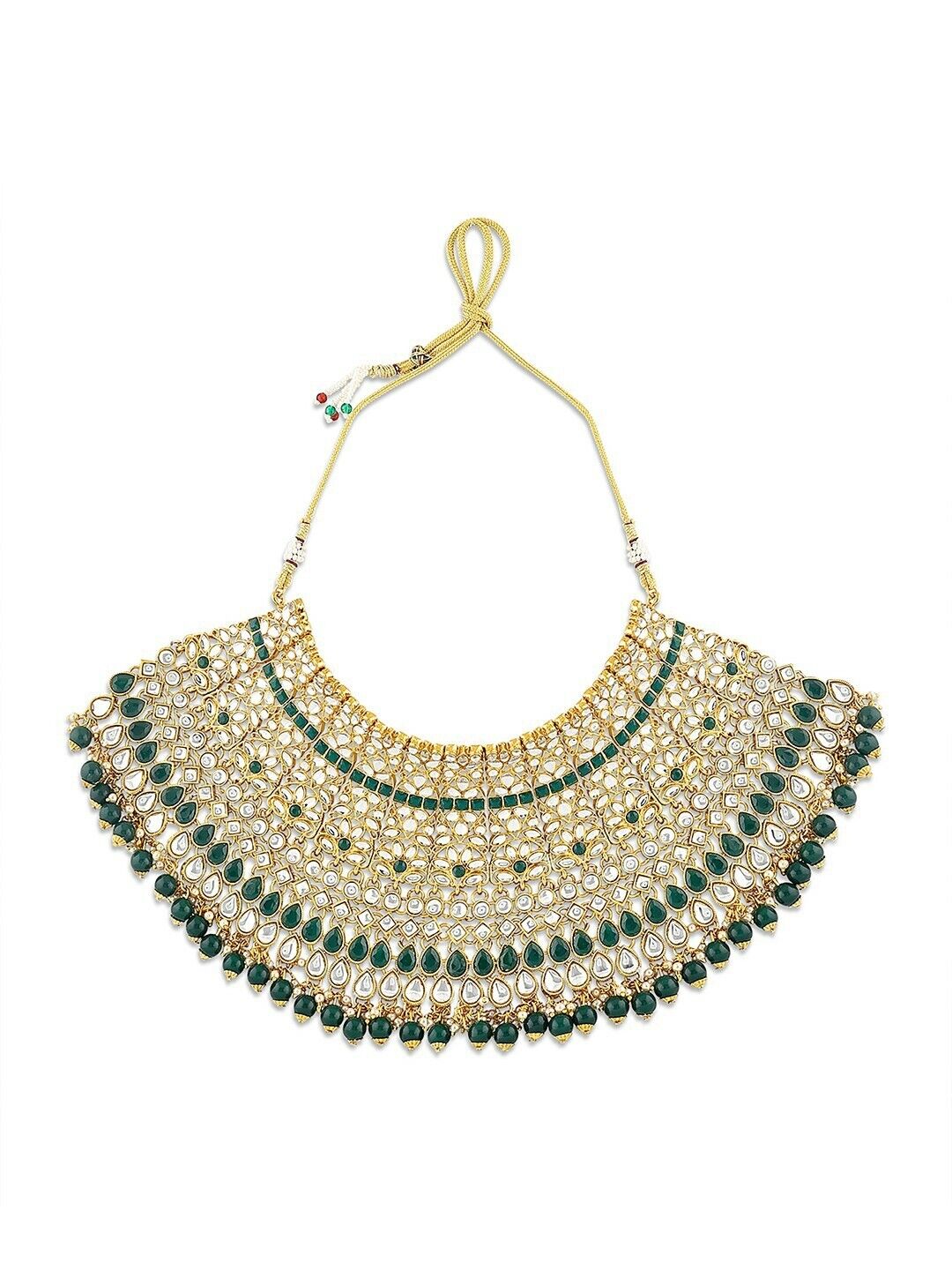 Gold-Plated Green & White Kundan-Studded & Beaded Bollywood Bridal Jewellery Set